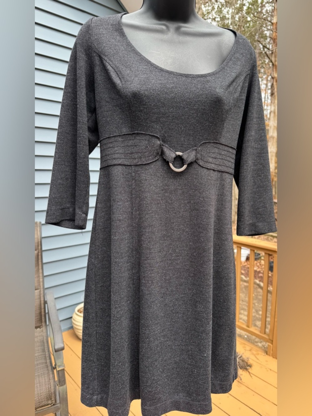 Scoop-Neck Charcoal Long Sleeve Dress with Ring Waist Accent
